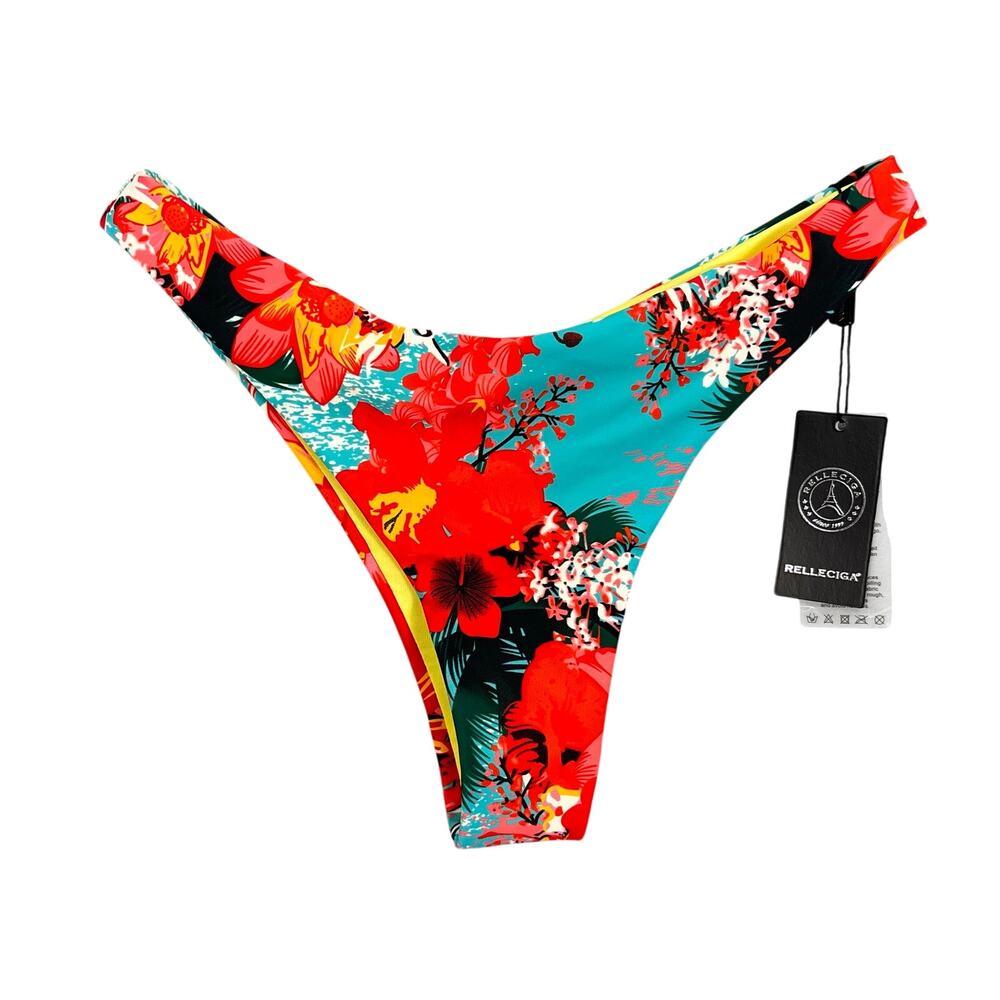 Relleciga Bikini Bottom S Tropical Floral Brazilian Cheeky High Cut NWT